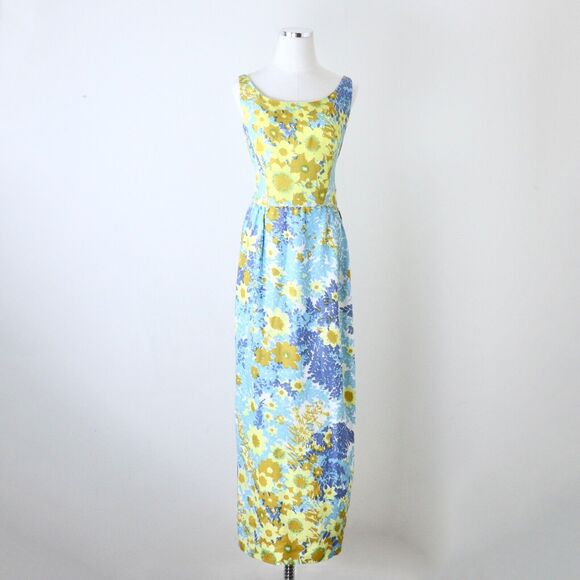 Vintage 1960s Size M Ira Curtis Low Back Maxi Cocktail Dress Sun Flower Print - Picture 2 of 10